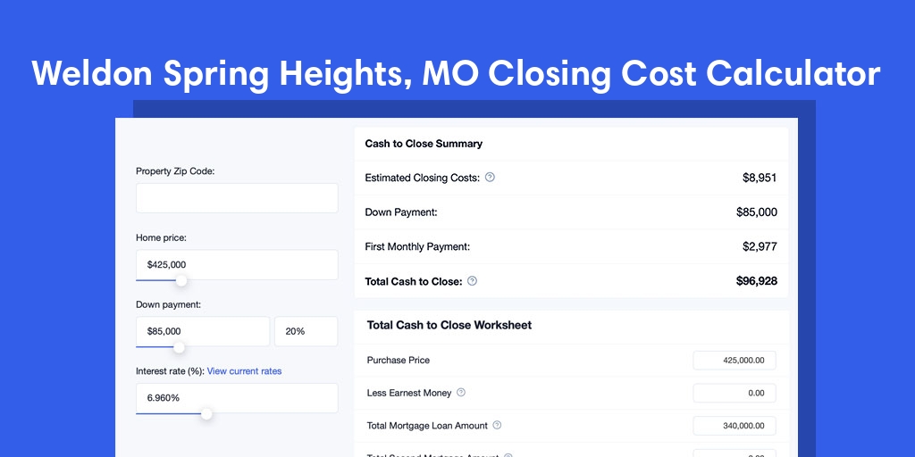 Weldon Spring Heights, MO Mortgage Closing Cost Calculator with taxes, homeowners insurance, and hoa