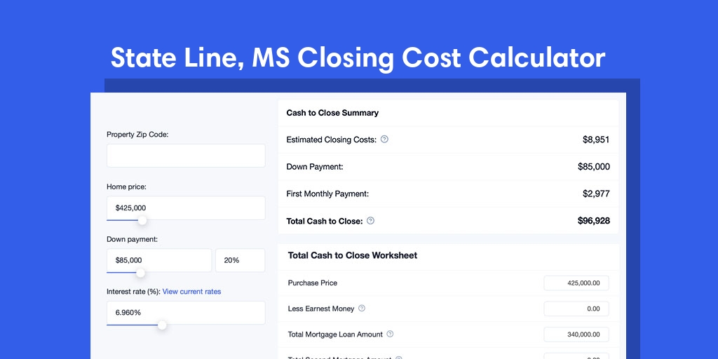 State Line, MS Mortgage Closing Cost Calculator with taxes, homeowners insurance, and hoa