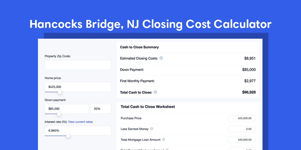 Hancocks Bridge, NJ Mortgage Closing Cost Calculator with taxes, homeowners insurance, and hoa