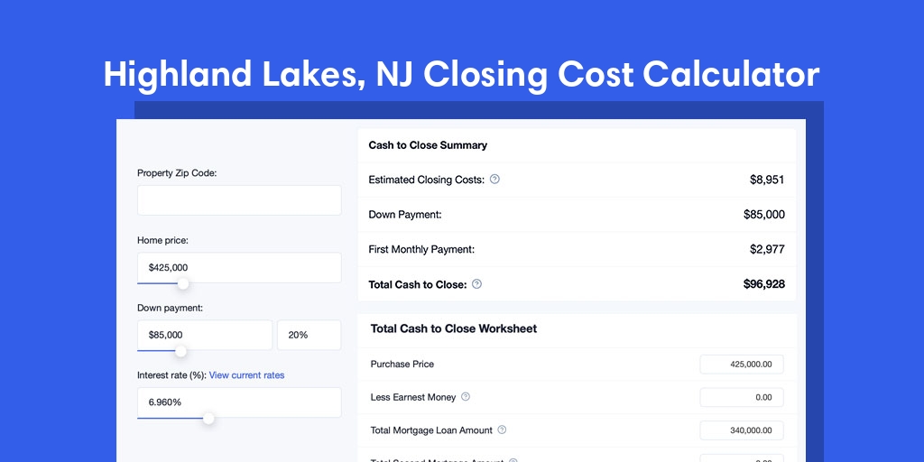 Highland Lakes, NJ Mortgage Closing Cost Calculator with taxes, homeowners insurance, and hoa