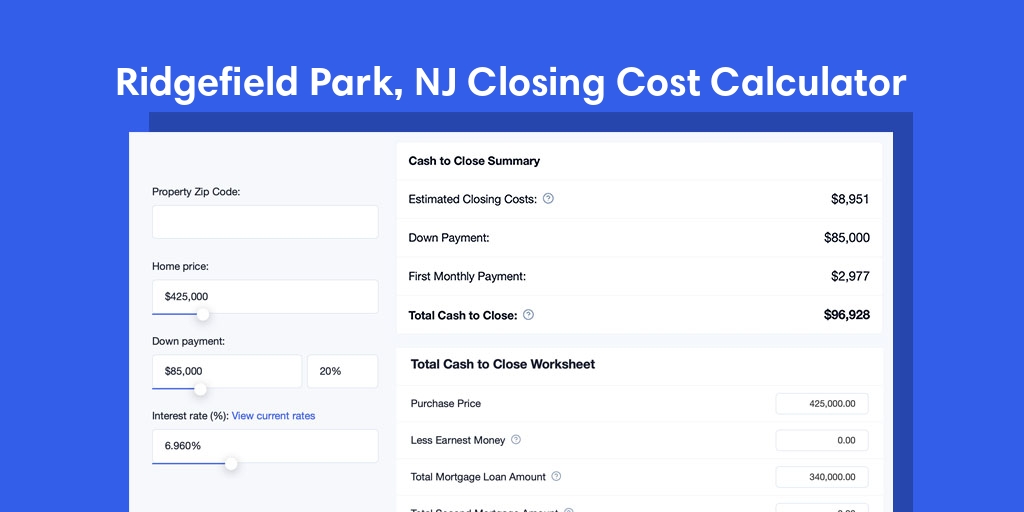 Ridgefield Park, NJ Mortgage Closing Cost Calculator with taxes, homeowners insurance, and hoa
