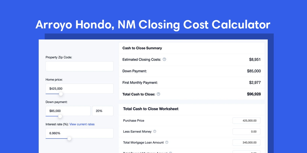 Arroyo Hondo, NM Mortgage Closing Cost Calculator with taxes, homeowners insurance, and hoa
