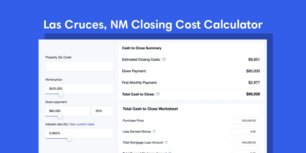 Las Cruces, NM Mortgage Closing Cost Calculator with taxes, homeowners insurance, and hoa