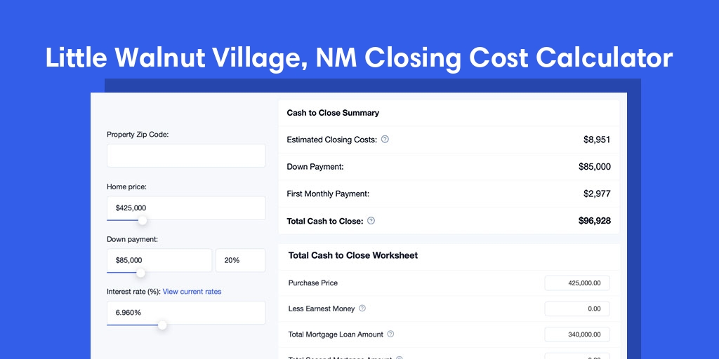 Little Walnut Village, NM Mortgage Closing Cost Calculator with taxes, homeowners insurance, and hoa