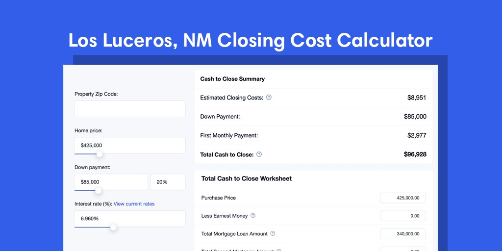 Los Luceros, NM Mortgage Closing Cost Calculator with taxes, homeowners insurance, and hoa
