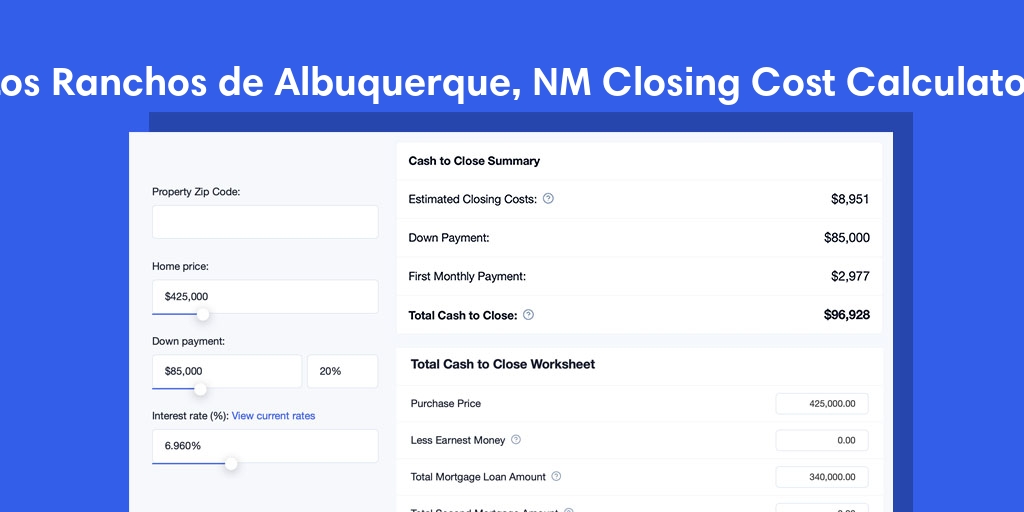 Los Ranchos De Albuquerque, NM Mortgage Closing Cost Calculator with taxes, homeowners insurance, and hoa
