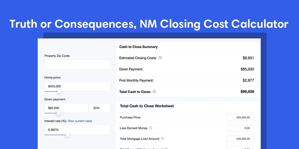 Truth Or Consequences, NM Mortgage Closing Cost Calculator with taxes, homeowners insurance, and hoa