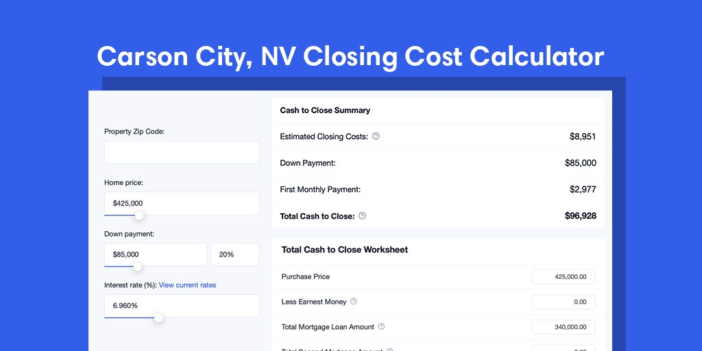 Carson City, NV Mortgage Closing Cost Calculator with taxes, homeowners insurance, and hoa