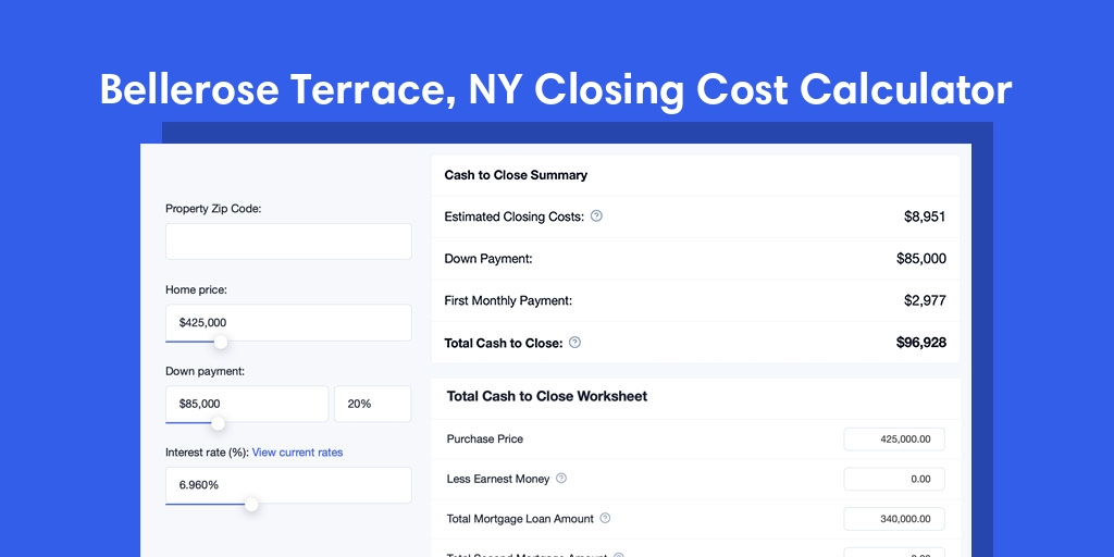 Bellerose Terrace, NY Mortgage Closing Cost Calculator with taxes, homeowners insurance, and hoa