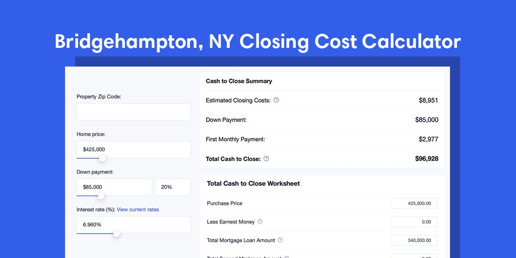 Bridgehampton, NY Mortgage Closing Cost Calculator with taxes, homeowners insurance, and hoa
