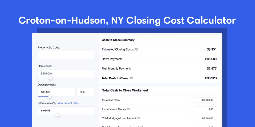 Croton On Hudson, NY Mortgage Closing Cost Calculator with taxes, homeowners insurance, and hoa