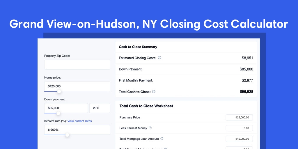 Grand View-On-Hudson, NY Mortgage Closing Cost Calculator with taxes, homeowners insurance, and hoa