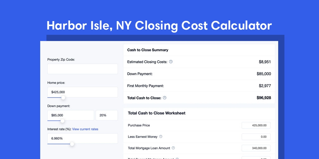 Harbor Isle, NY Mortgage Closing Cost Calculator with taxes, homeowners insurance, and hoa