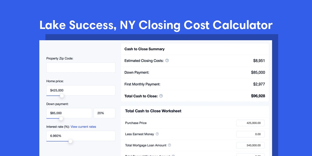 Lake Success, NY Mortgage Closing Cost Calculator with taxes, homeowners insurance, and hoa