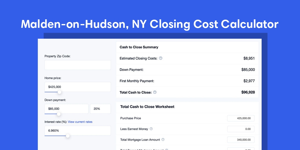 Malden On Hudson, NY Mortgage Closing Cost Calculator with taxes, homeowners insurance, and hoa