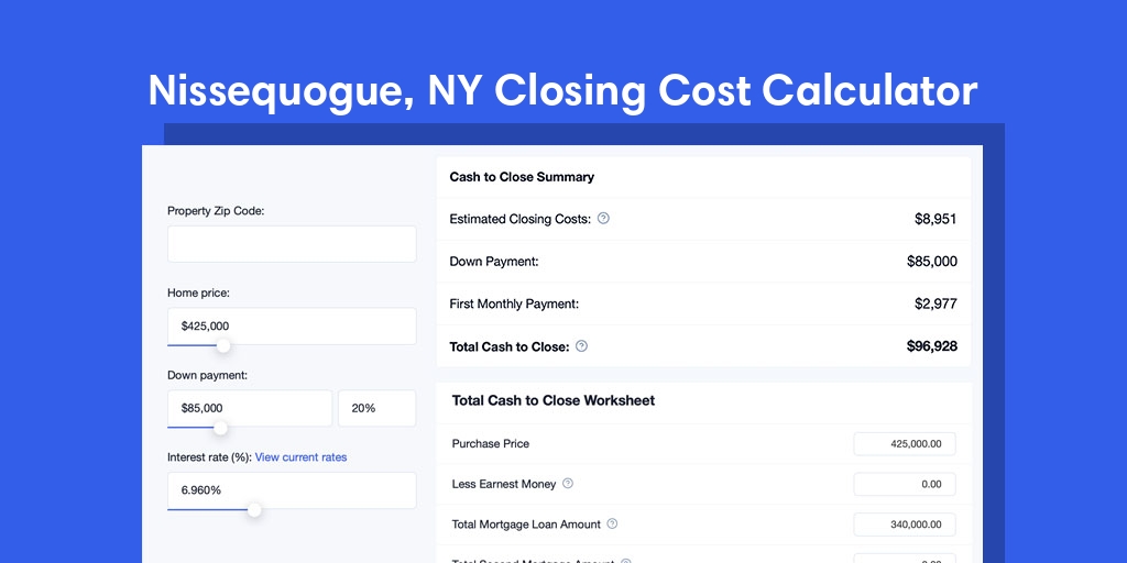 Nissequogue, NY Mortgage Closing Cost Calculator with taxes, homeowners insurance, and hoa