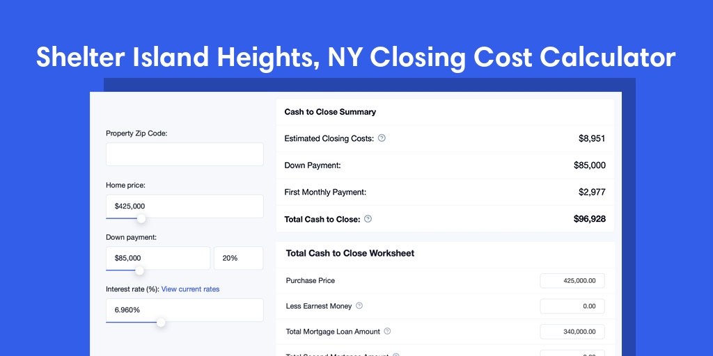 Shelter Island Heights, NY Mortgage Closing Cost Calculator with taxes, homeowners insurance, and hoa