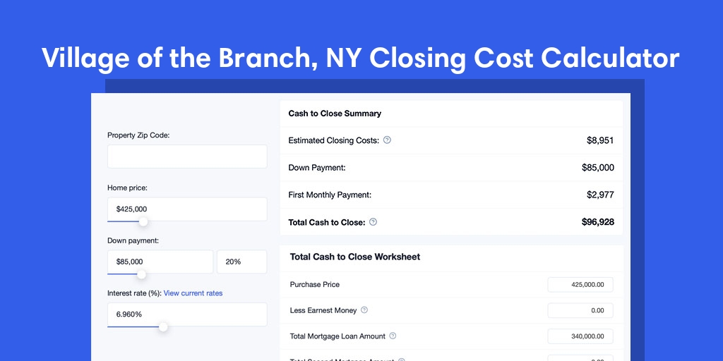 Village Of The Branch, NY Mortgage Closing Cost Calculator with taxes, homeowners insurance, and hoa
