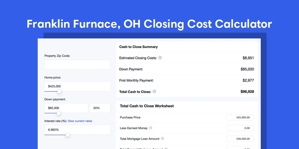 Franklin Furnace, OH Mortgage Closing Cost Calculator with taxes, homeowners insurance, and hoa
