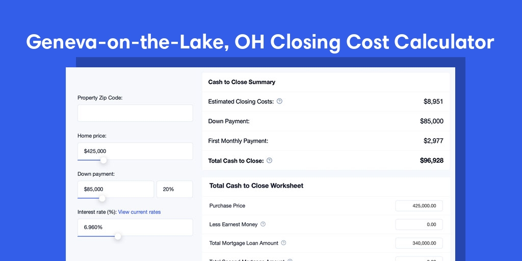 Geneva On The Lake, OH Mortgage Closing Cost Calculator with taxes, homeowners insurance, and hoa