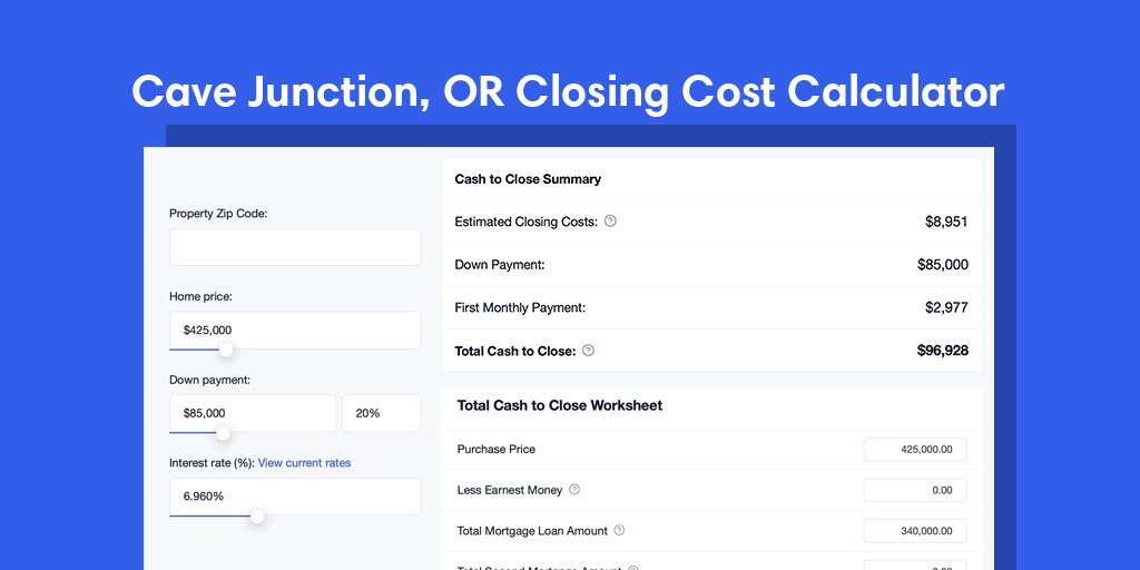 Cave Junction, OR Mortgage Closing Cost Calculator with taxes, homeowners insurance, and hoa
