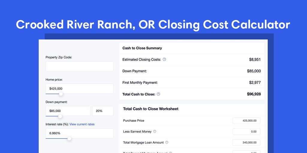 Crooked River Ranch, OR Mortgage Closing Cost Calculator with taxes, homeowners insurance, and hoa
