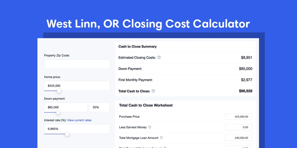 West Linn, OR Mortgage Closing Cost Calculator with taxes, homeowners insurance, and hoa