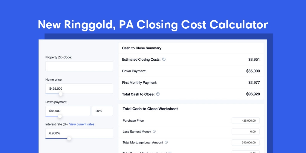New Ringgold, PA Mortgage Closing Cost Calculator with taxes, homeowners insurance, and hoa