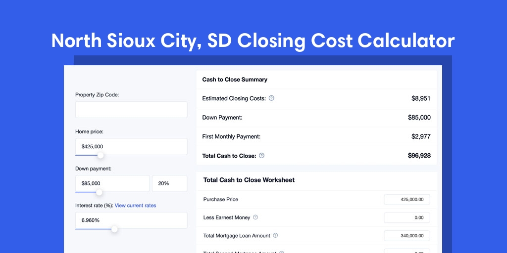 North Sioux City, SD Mortgage Closing Cost Calculator with taxes, homeowners insurance, and hoa