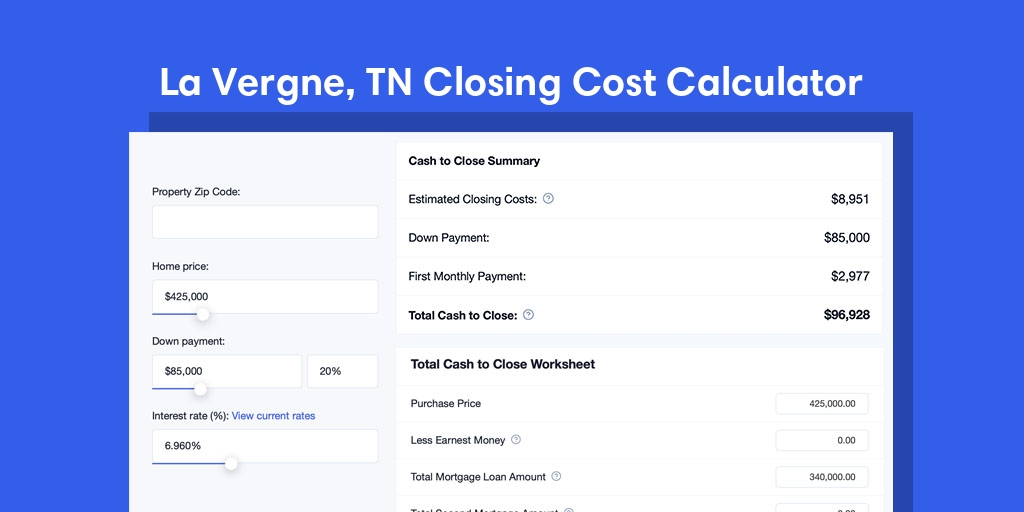 La Vergne, TN Mortgage Closing Cost Calculator with taxes, homeowners insurance, and hoa
