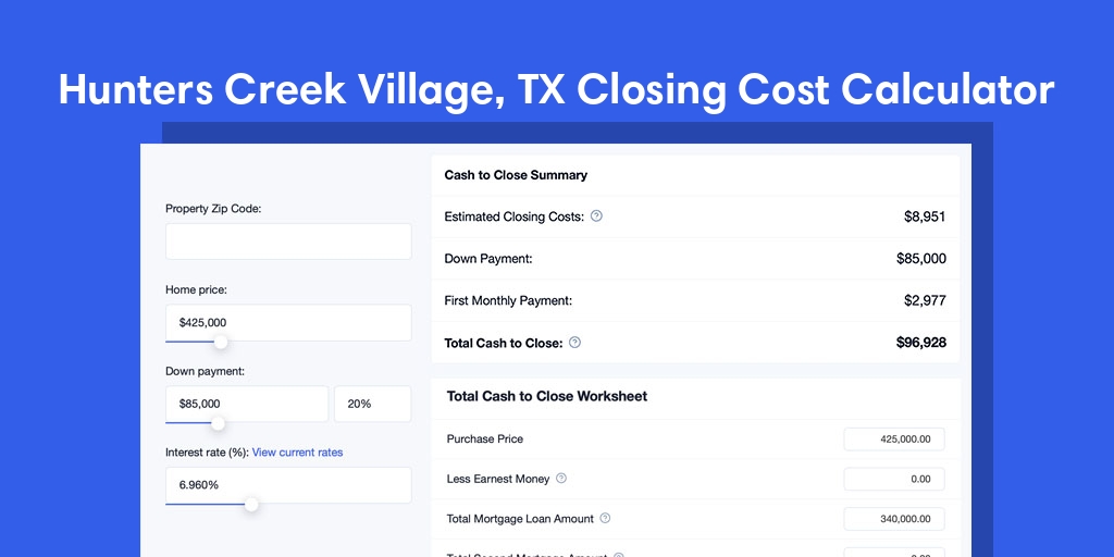 Hunters Creek Village, TX Mortgage Closing Cost Calculator with taxes, homeowners insurance, and hoa