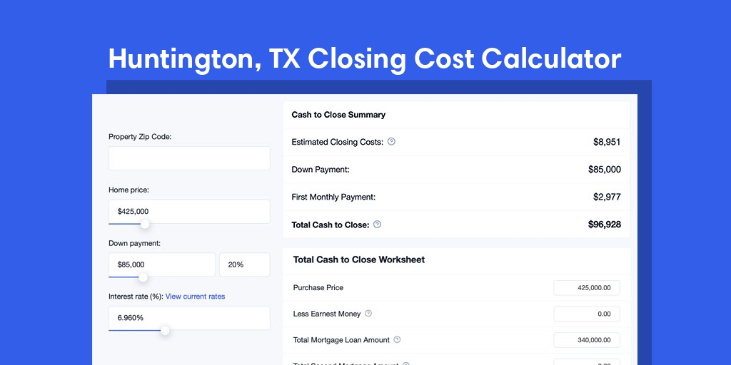 Huntington, TX Mortgage Closing Cost Calculator with taxes, homeowners insurance, and hoa