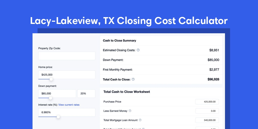 Lacy Lakeview, TX Mortgage Closing Cost Calculator with taxes, homeowners insurance, and hoa