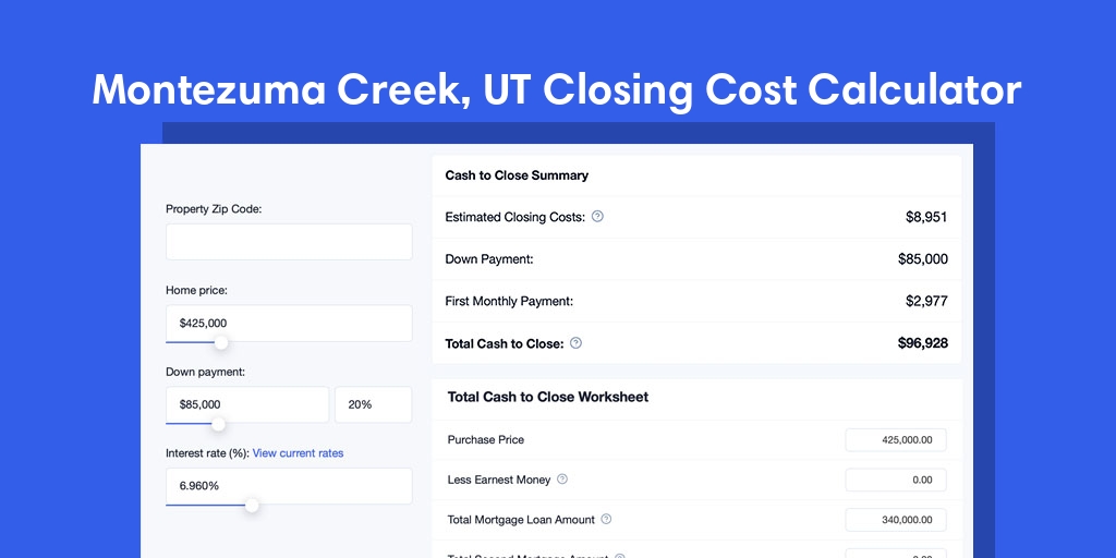 Montezuma Creek, UT Mortgage Closing Cost Calculator with taxes, homeowners insurance, and hoa
