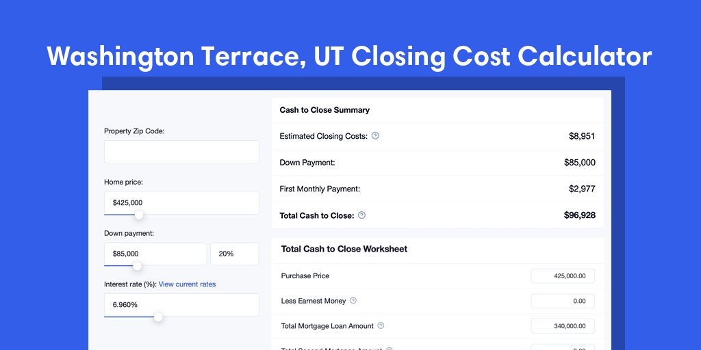 Washington Terrace, UT Mortgage Closing Cost Calculator with taxes, homeowners insurance, and hoa