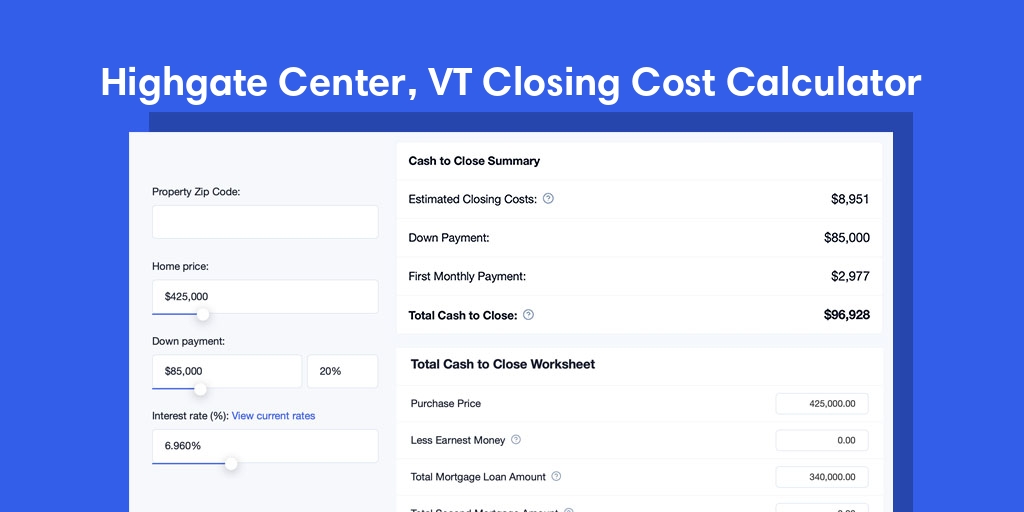 Highgate Center, VT Mortgage Closing Cost Calculator with taxes, homeowners insurance, and hoa