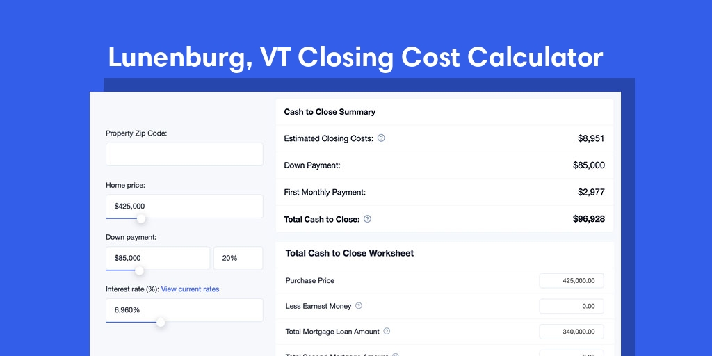 Lunenburg, VT Mortgage Closing Cost Calculator with taxes, homeowners insurance, and hoa