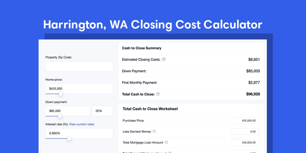 Harrington, WA Mortgage Closing Cost Calculator with taxes, homeowners insurance, and hoa