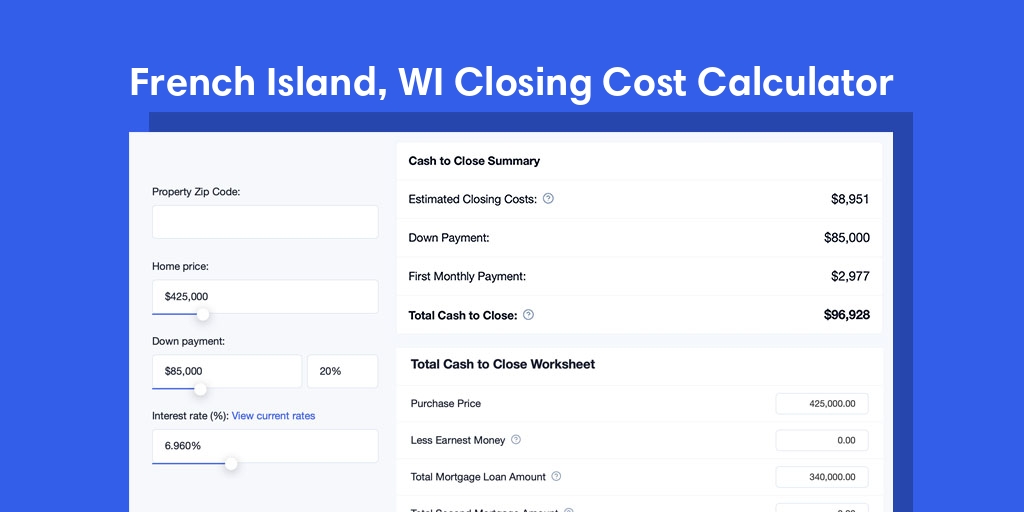 French Island, WI Mortgage Closing Cost Calculator with taxes, homeowners insurance, and hoa