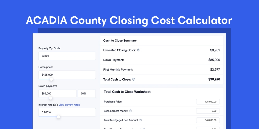 Acadia County, LA Mortgage Closing Cost Calculator with taxes, homeowners insurance, and hoa