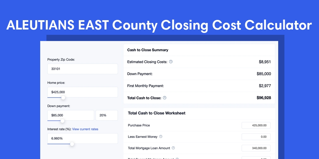 Aleutians East County, AK Mortgage Closing Cost Calculator with taxes, homeowners insurance, and hoa