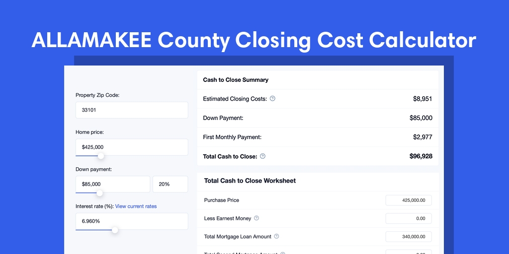 Allamakee County, IA Mortgage Closing Cost Calculator with taxes, homeowners insurance, and hoa