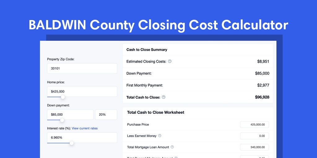 Baldwin County, AL Mortgage Closing Cost Calculator with taxes, homeowners insurance, and hoa