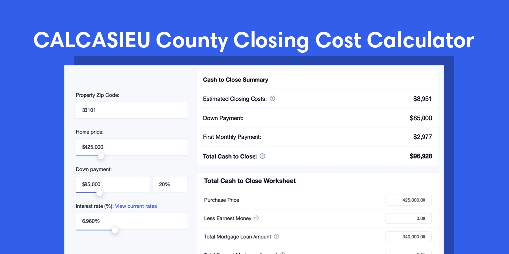 Calcasieu County, LA Mortgage Closing Cost Calculator with taxes, homeowners insurance, and hoa