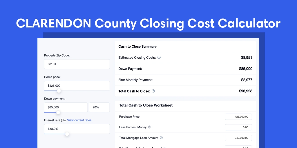 Clarendon County, SC Mortgage Closing Cost Calculator with taxes, homeowners insurance, and hoa