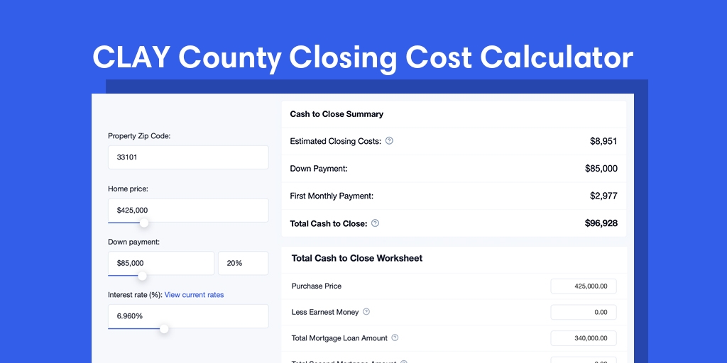 Clay County, AL Mortgage Closing Cost Calculator with taxes, homeowners insurance, and hoa