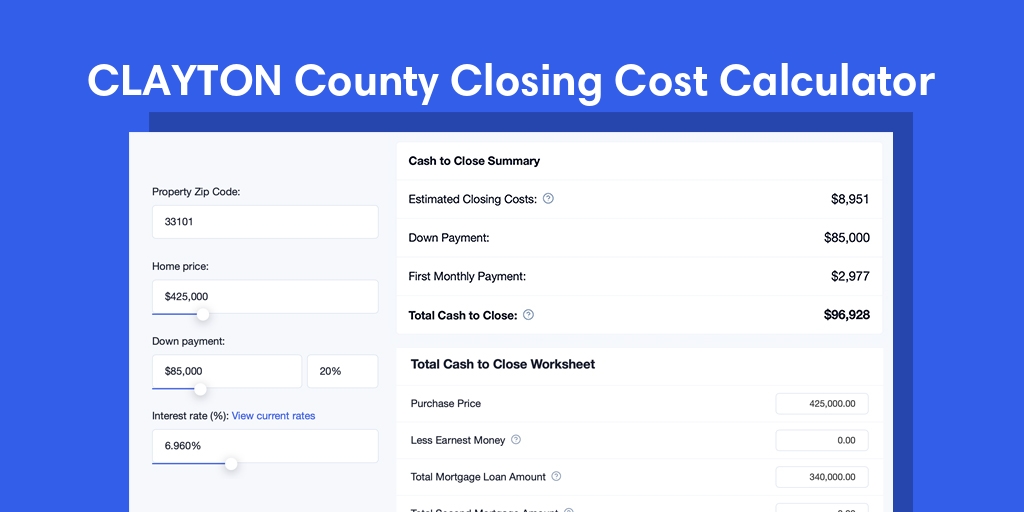 Clayton County, GA Mortgage Closing Cost Calculator with taxes, homeowners insurance, and hoa