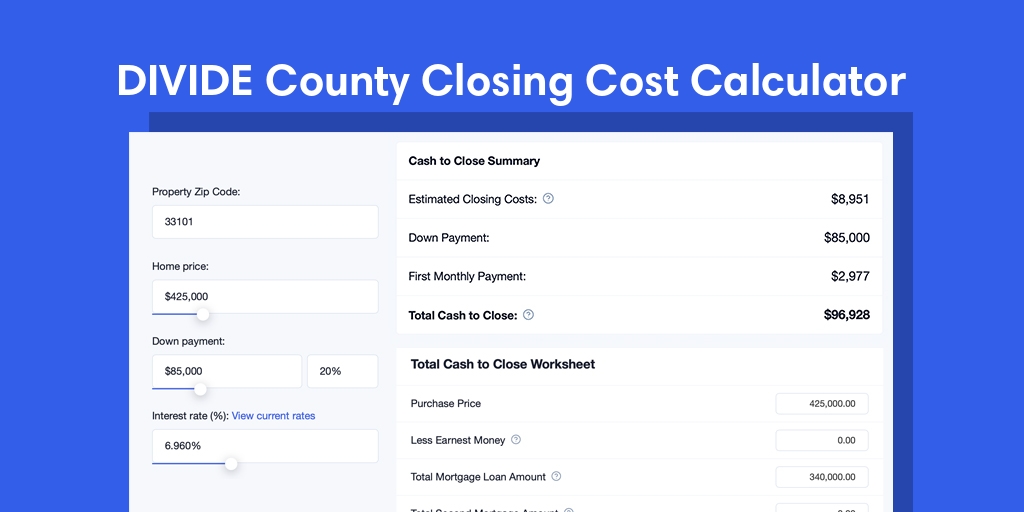 Divide County, ND Mortgage Closing Cost Calculator with taxes, homeowners insurance, and hoa