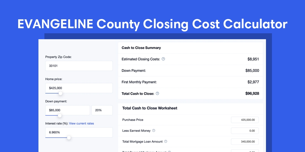 Evangeline County, LA Mortgage Closing Cost Calculator with taxes, homeowners insurance, and hoa