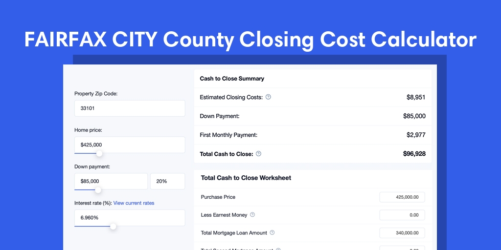 Fairfax City County, VA Mortgage Closing Cost Calculator with taxes, homeowners insurance, and hoa